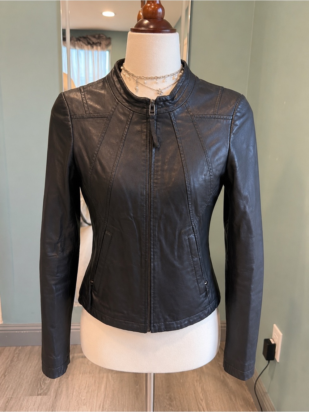 Vintage Genuine Lambskin Leather Jacket Black Minimalist Zip Moto XS